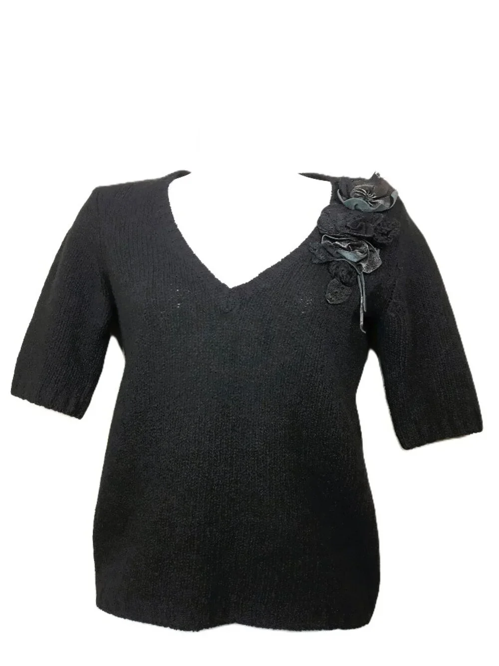 BCBGMAXAZRIA Black Sweater 3-D Flowers Lambswool Angora Blend Short Sleeve XS